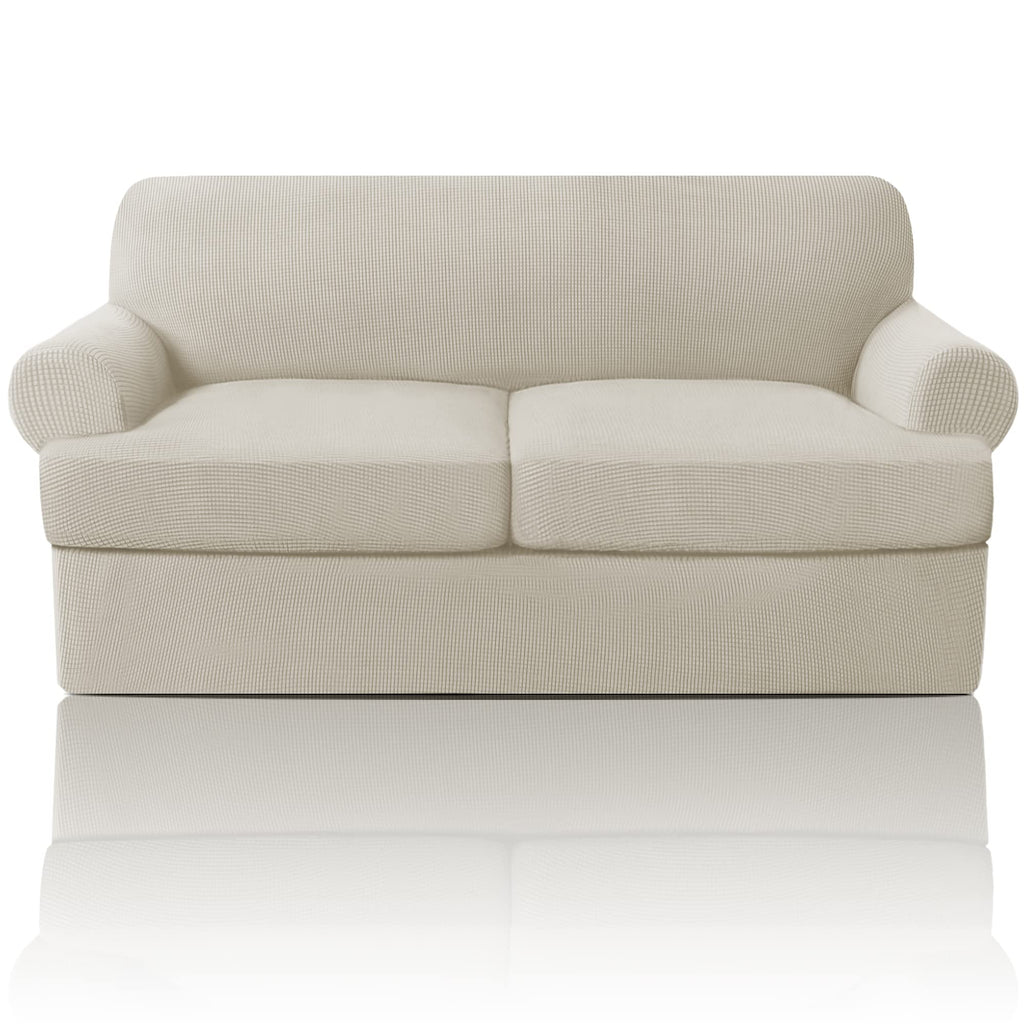 PrinceDeco T Cushion Loveseat Slipcover - 3 Pieces Sofa Cover for 2 Cushion Couch with 2 Individual T Shape Seat Covers Width Up to 76 Inch - Stretch, Machine Washable, Porcelain