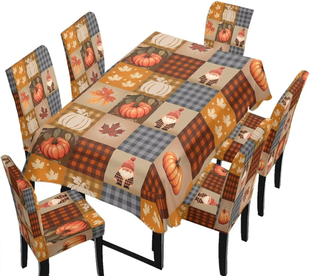 Fall Pumpkin Rectangular Table Cloth & Dining Chair Covers Set of 7, Stain Resistant Wipeable Chair Protectors for Farmhouse Rustic Home Kitchen Party Decor