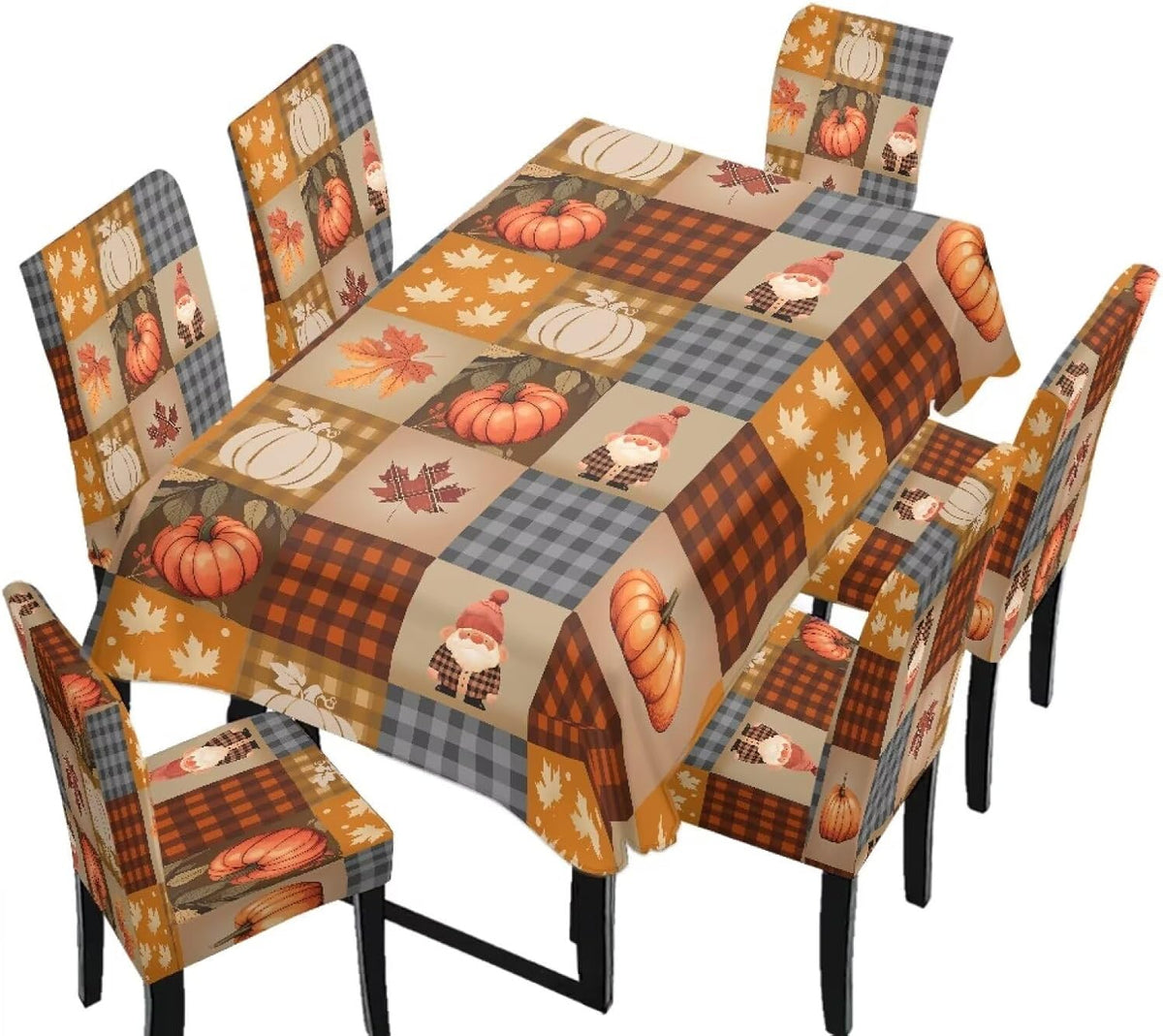 Fall Pumpkin Rectangular Table Cloth & Dining Chair Covers Set of 7, Stain Resistant Wipeable Chair Protectors for Farmhouse Rustic Home Kitchen Party Decor