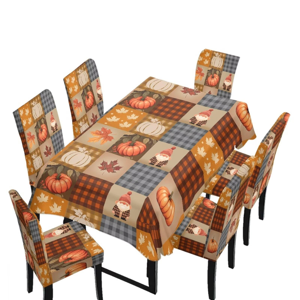 Fall Pumpkin Rectangular Table Cloth & Dining Chair Covers Set of 7, Stain Resistant Wipeable Chair Protectors for Farmhouse Rustic Home Kitchen Party Decor