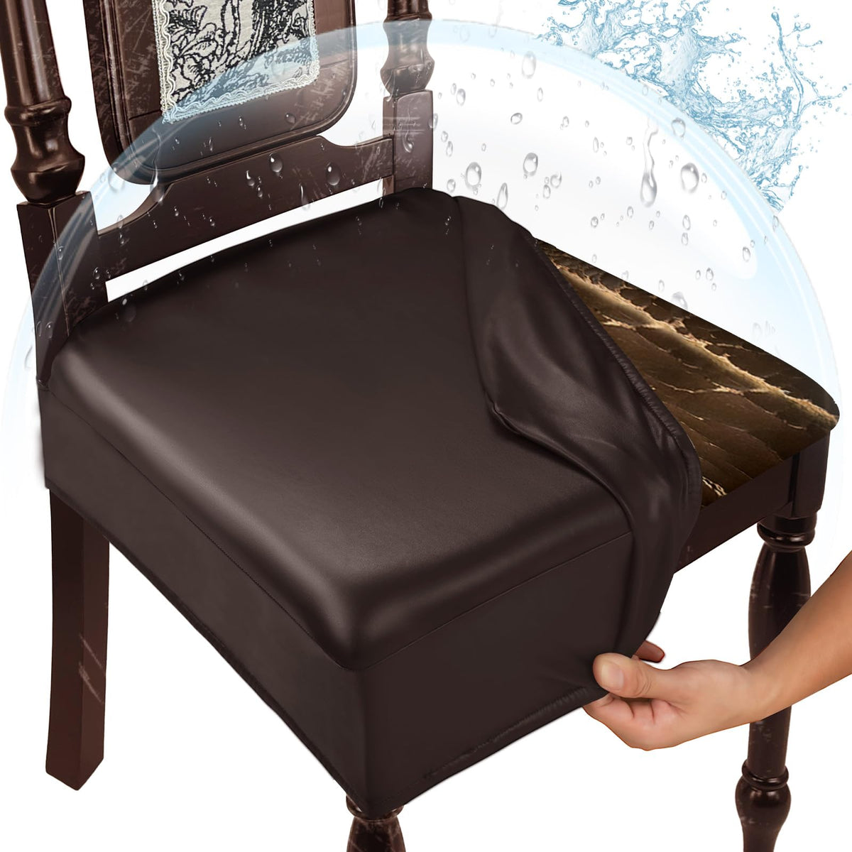 Waterproof Dining Chair Seat Covers Leather Kitchen Seat Covers, Stain Resistant Stretch Chair Seat Covers for Dining Room Chairs Set of 4, Rear Covered Washable Dining Chair Covers Black