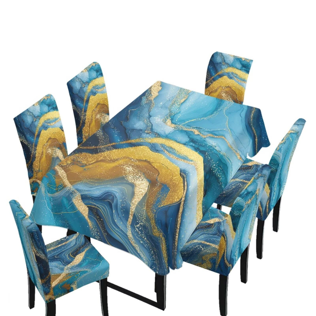 5 Pack Dining Room Chair Cover Set and Table Cloth Rectangle, Dust Proof Machine Washable Tablecloths Comfortable Chair Seat Slipcovers for Restaurant Decor, Abstract Fluid Marble