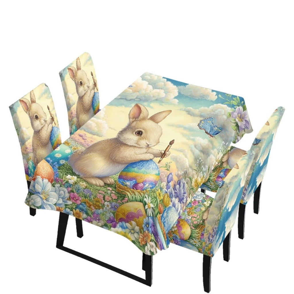 Table Cloth Rectangle Table Set of 7 Include Kitchen Chair Covers and Tablecloths for Dining Room Hotel Banquet, Anti-Scratch Chair Seat Protector Cover, Daisy Hippie Flower Print