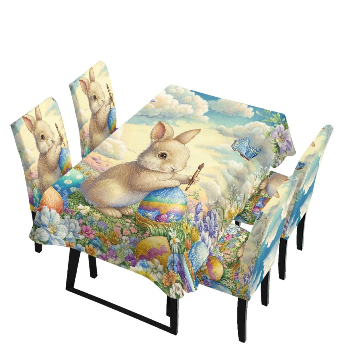 Table Cloth Rectangle Table Set of 7 Include Kitchen Chair Covers and Tablecloths for Dining Room Hotel Banquet, Anti-Scratch Chair Seat Protector Cover, Daisy Hippie Flower Print
