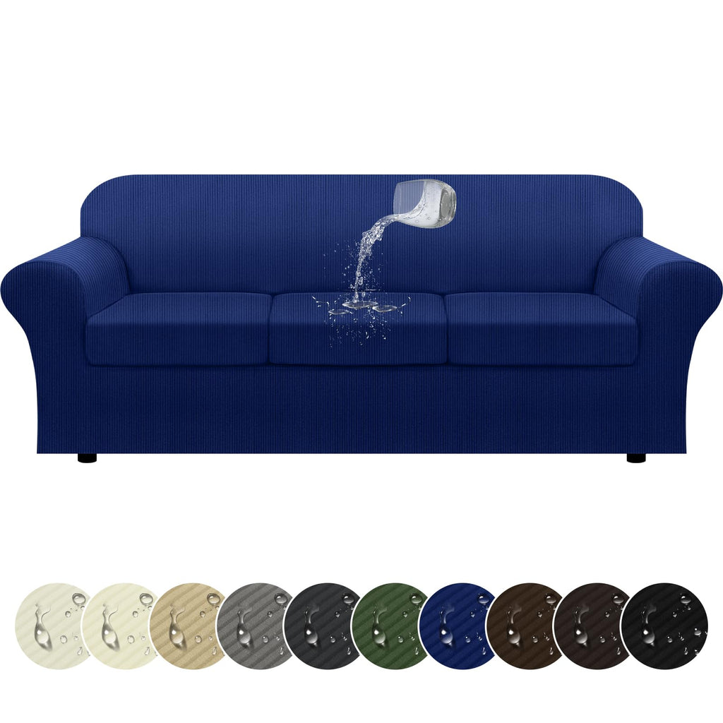 100% WaterproofLoveseat Cover 3-Piece Set Striped Loveseat Slipcovers for 2 Cushion Couch Sofa Covers with TPU Leakproof Bottom Stretch Couch Protector Pet Proof - Loveseat, Navy