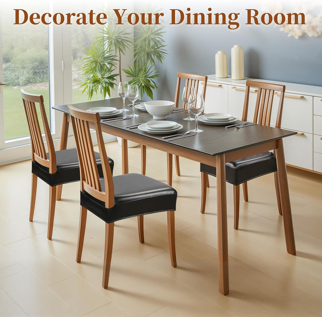 Waterproof Dining Chair Seat Covers Leather Kitchen Seat Covers, Stain Resistant Stretch Chair Seat Covers for Dining Room Chairs Set of 4, Rear Covered Washable Dining Chair Covers Black
