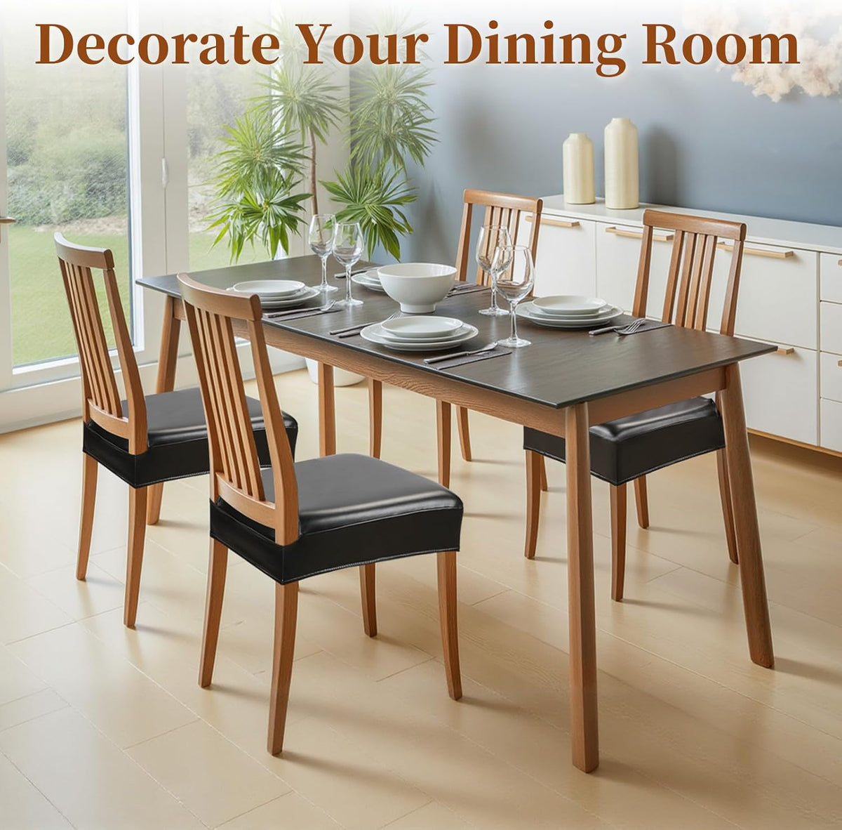 Waterproof Dining Chair Seat Covers Leather Kitchen Seat Covers, Stain Resistant Stretch Chair Seat Covers for Dining Room Chairs Set of 4, Rear Covered Washable Dining Chair Covers Black