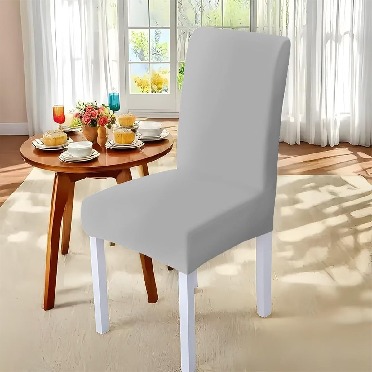 Light Grey 7 Pcs Tablecloth and Chair Covers Set Removable Chair Covers Set of 6 with Table Cover for Dining Room Washable Furniture Protector for Family Gathering Potluck