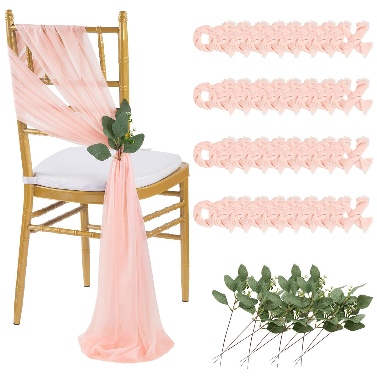 QueenDream White Chair Sashes Wedding Aisle Decorations: 24 Packs 8ft Long Draping Fabric Sheer Church Chair Cover Bulk for Party Banquet