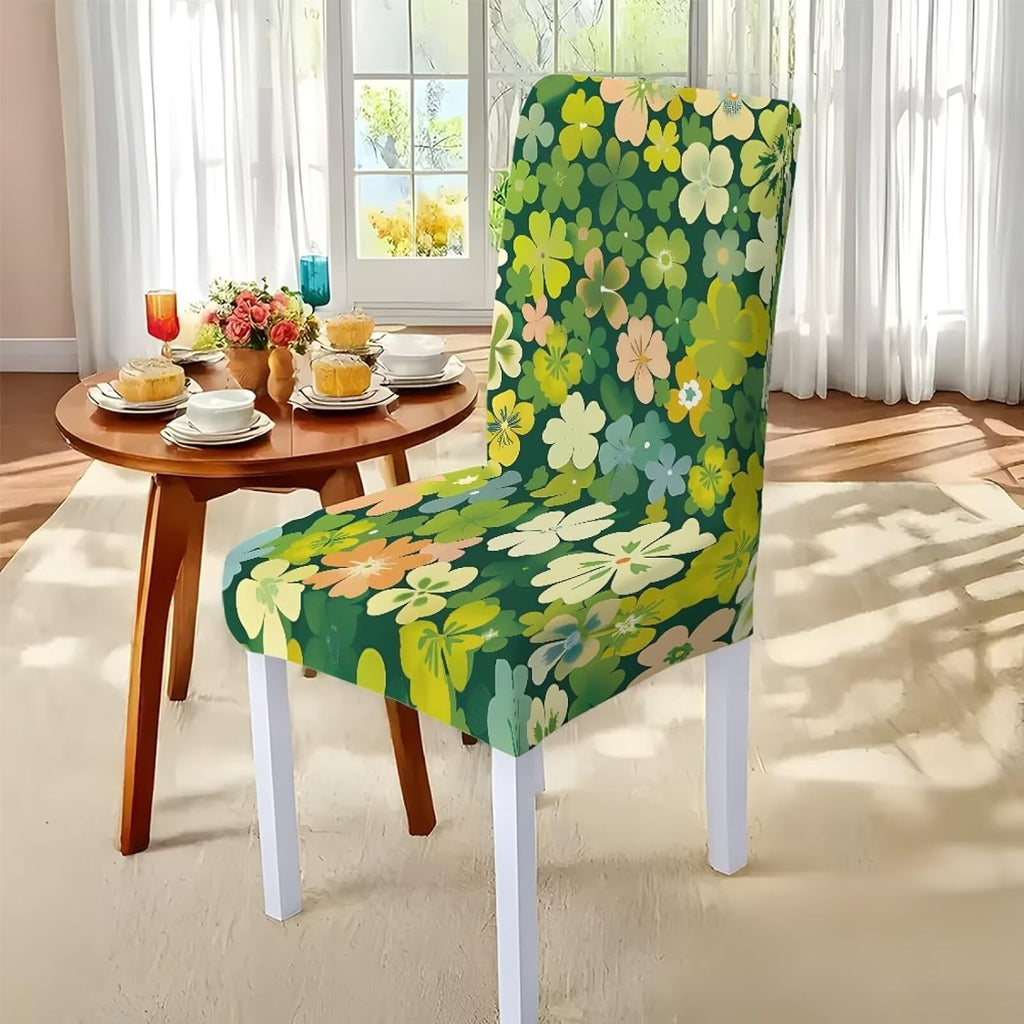 Stretch Dining Table Cloth and Chair Covers Set, 4 Seater Table Cover Anti-Wrinkle Parsons Chair Slipcovers Machine Washable Seat Protector for St. Patrick's Day Decor, Green Shamrock