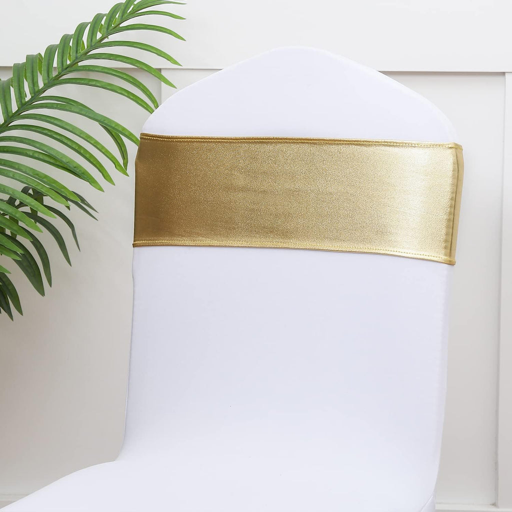 Gold Chair Sashes 100 Pack, Spandex Sashes for Chairs Wedding Reception, Stretch Chair Bands Bows for Party Banquet Theme Event Decor