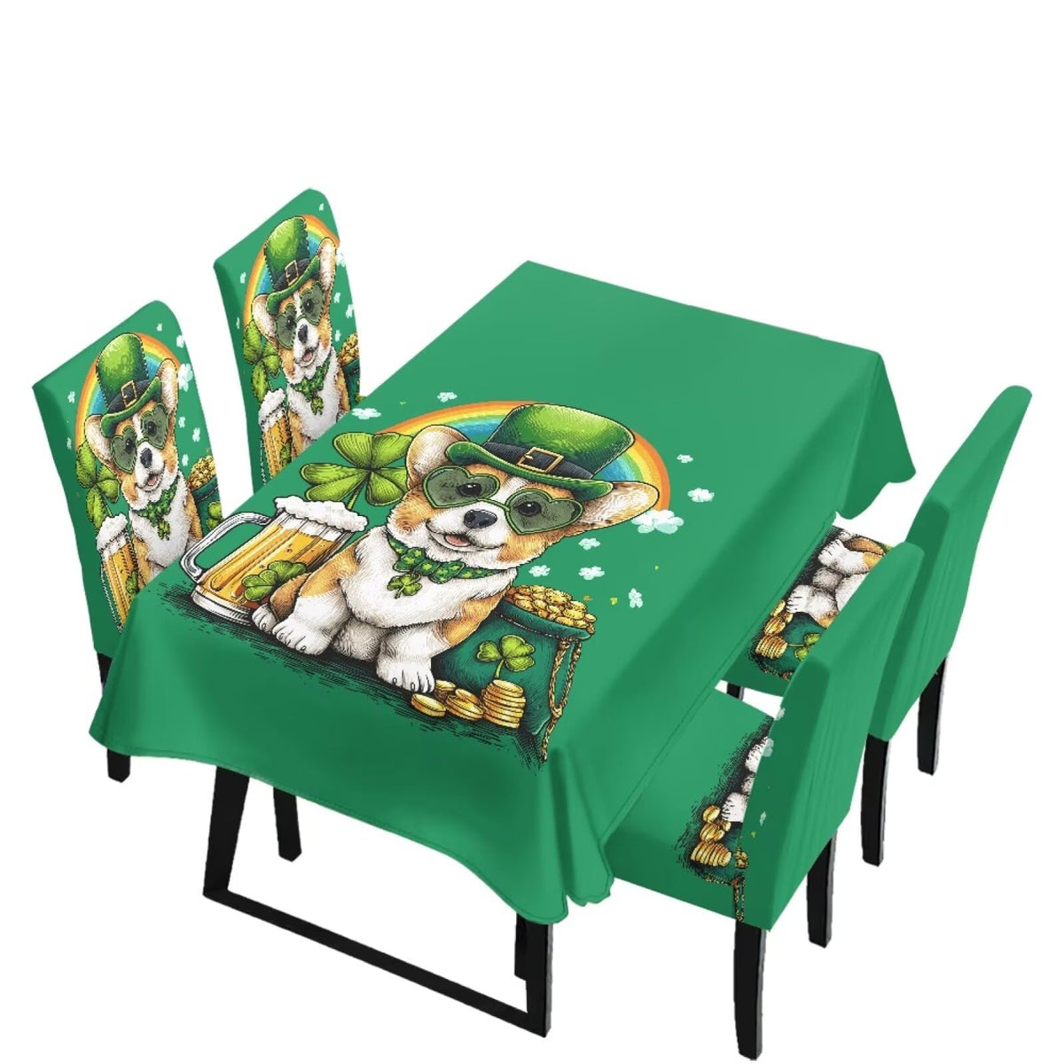 Dining Room Chair Cover and Tablecloths 7 Pack, Stain Resistant Stretch Kitchen Chair Seat Slipcovers Anti-Wrinkle Table Protector for Party, Pastoral Rose Flower Stripes Print Green
