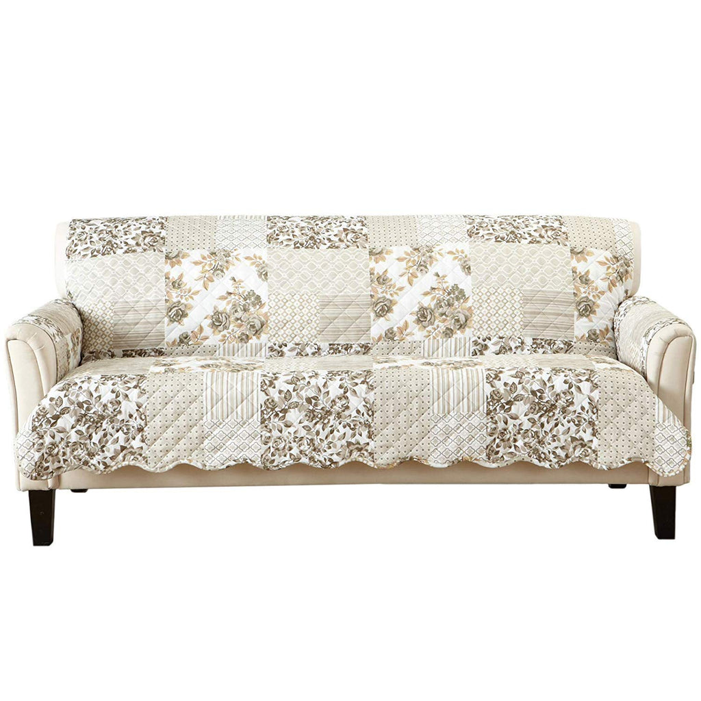 Great Bay Home Reversible Patchwork Loveseat Cover - Washable Slipcover Furniture Protector with Elastic Straps - Perfect for Kids & Pets - Box-Stitched Detail (Taupe)