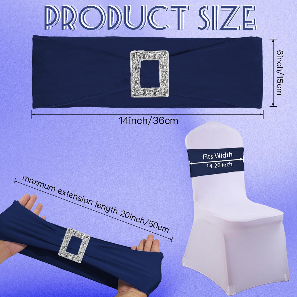100 Pack Spandex Stretch Chair Sashes Bows Elastic Chair Cover Bands Ties with Buckle Slider for Wedding Party Banquet Restaurant Baby Shower Chairs Decorations (Navy Blue)