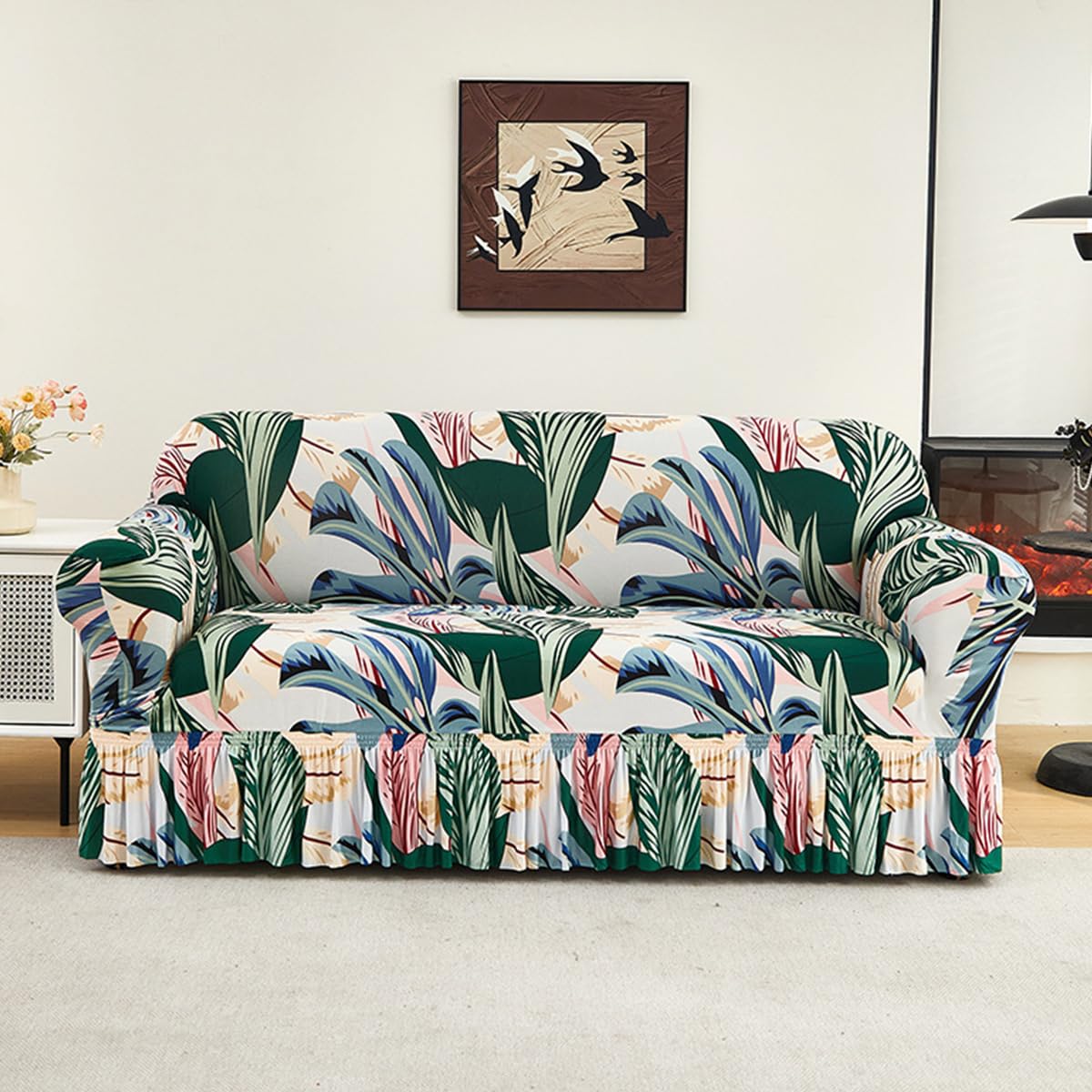 KAIJIE Super Stretch Sofa Slipcover–Non Slip Soft Couch Sofa Cover,Skirt Edge Design with Non Skid Foam and Elastic Bottoms for Crafted from Soft Polyester Printed Pattern（2-Person seat Couch Cover）