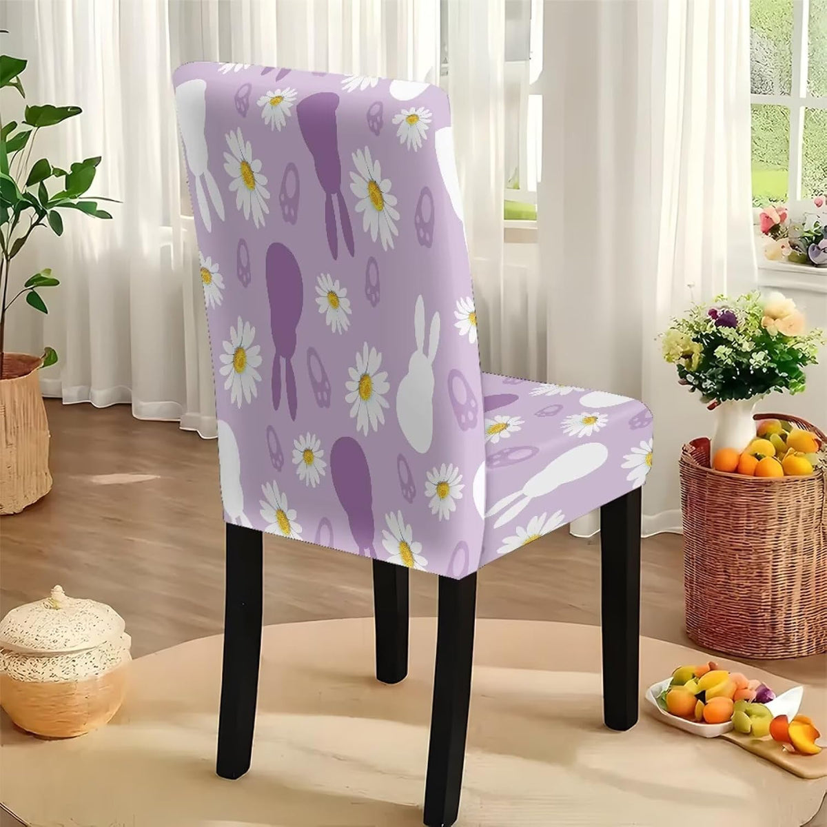 ZDCUSTOM Easter Table and Chair Covers for Parties Purple Bunny Dining Chairs Cover Daisy Tablecloths Rectangular for Easter Party