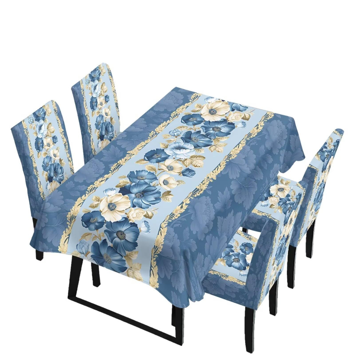 Blue Floral Rectangular Table Cloth & Dining Chair Covers Set of 5, Stain Resistant Wipeable Chair Protectors for Farmhouse Rustic Home Kitchen Party Decor