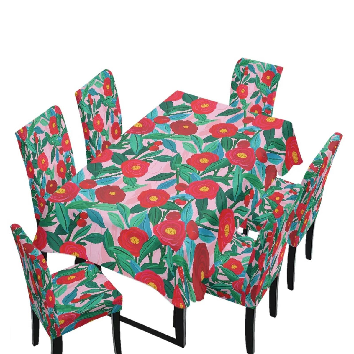 Dining Room Chair Cover and Tablecloths 7 Pack, Stain Resistant Stretch Kitchen Chair Seat Slipcovers Anti-Wrinkle Table Protector for Party, Pastoral Rose Flower Stripes Print Green