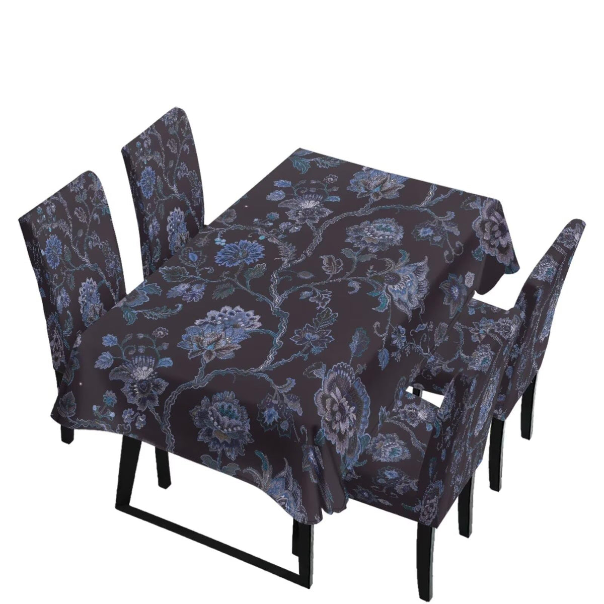 Table Cloth and Dining Chair Covers Set of 5, Kitchen Chair Slipcovers Rectangle Table Cover, Removable Anti-dust Tablecloths Stain Resistant Soft Hotel Decor, Blue Retro Floral