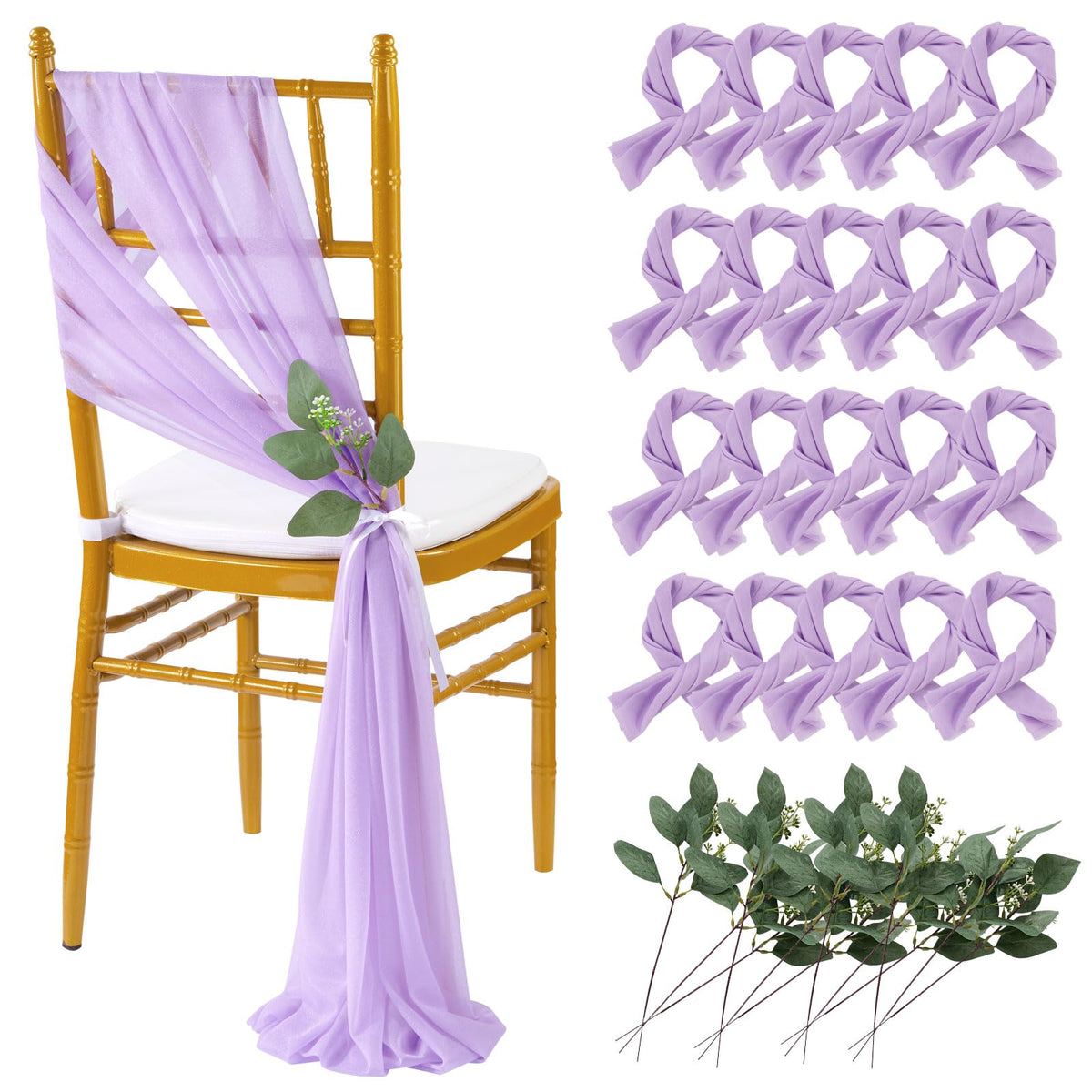 QueenDream White Chair Sashes Wedding Aisle Decorations: 24 Packs 8ft Long Draping Fabric Sheer Church Chair Cover Bulk for Party Banquet