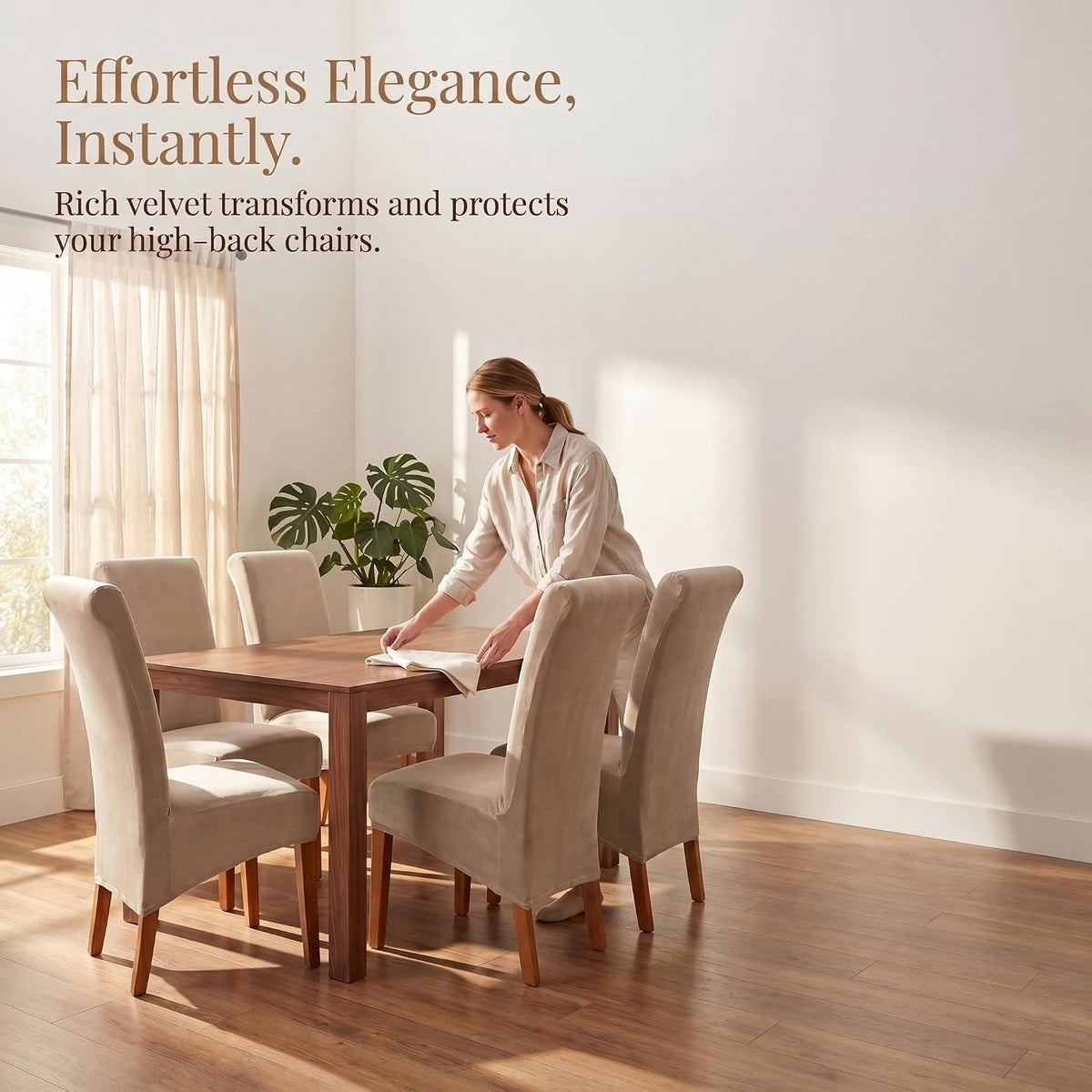 Velvet Dining Chair Covers Set of 2, Extra Large XL Oversized Stretch Parsons Chair Slipcovers for High Back Dining Room Kitchen, Non-Slip Removable Washable Chair Protectors,Khaki