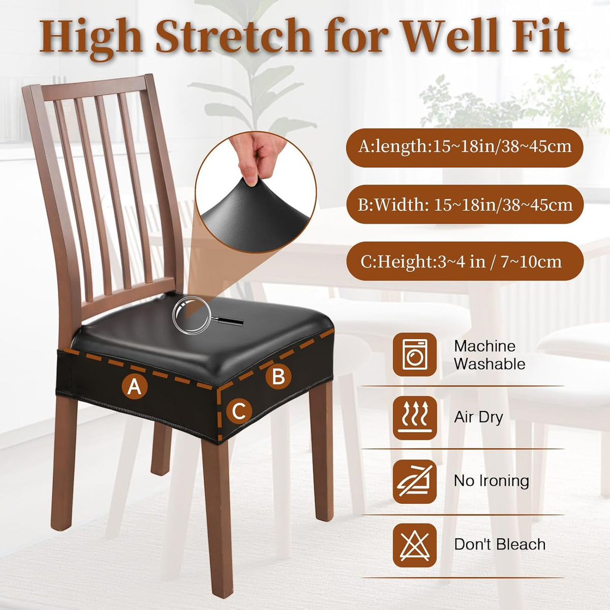 Waterproof Dining Chair Seat Covers Leather Kitchen Seat Covers, Stain Resistant Stretch Chair Seat Covers for Dining Room Chairs Set of 4, Rear Covered Washable Dining Chair Covers Black