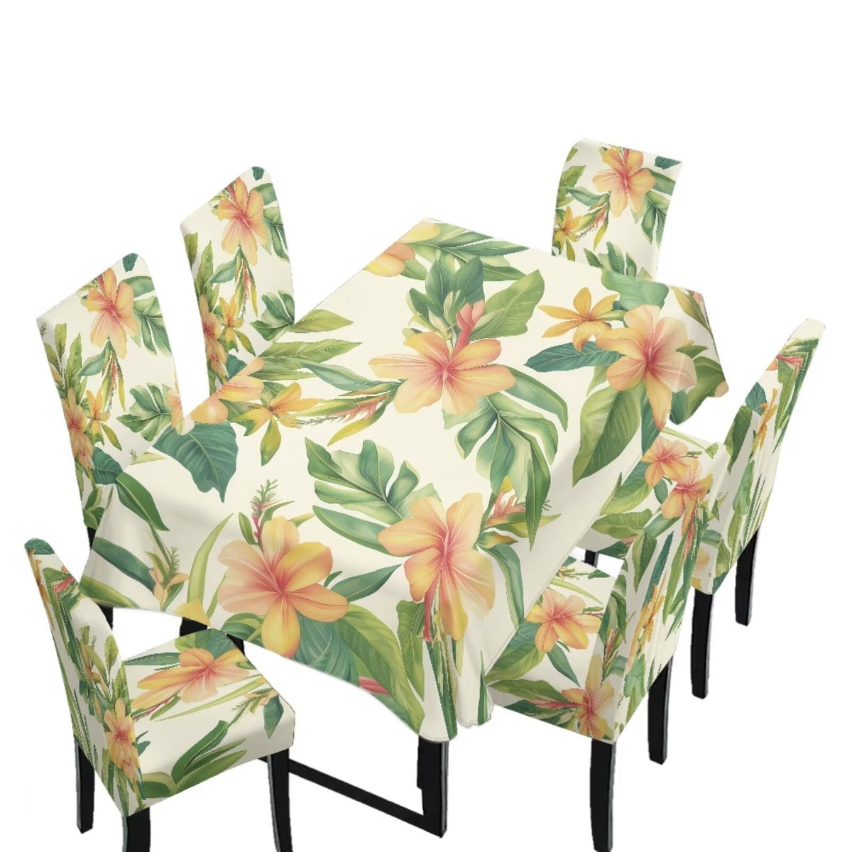 Dining Room Chair Cover and Tablecloths 7 Pack, Stain Resistant Stretch Kitchen Chair Seat Slipcovers Anti-Wrinkle Table Protector for Party, Pastoral Rose Flower Stripes Print Green