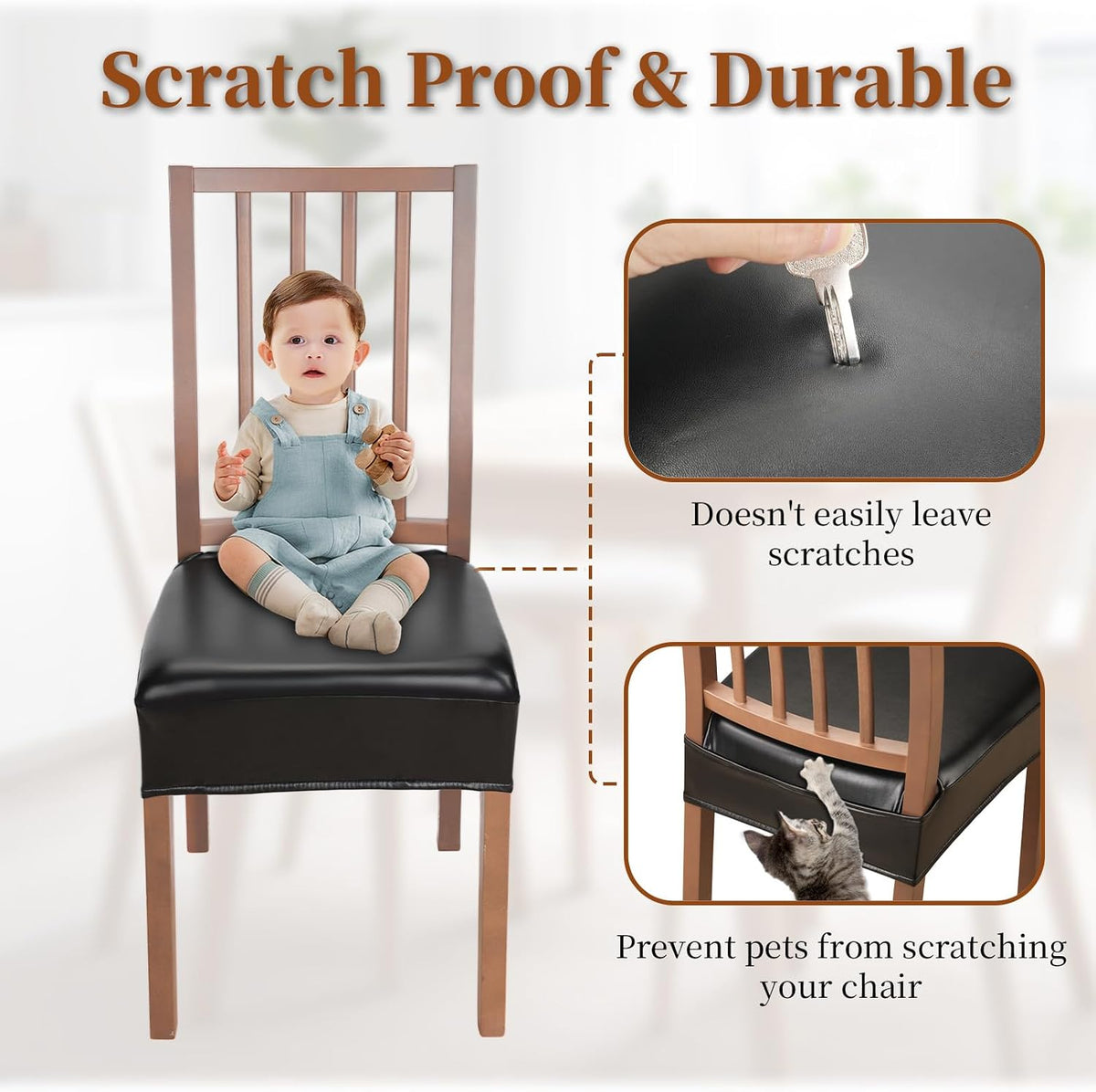 Waterproof Dining Chair Seat Covers Leather Kitchen Seat Covers, Stain Resistant Stretch Chair Seat Covers for Dining Room Chairs Set of 4, Rear Covered Washable Dining Chair Covers Black