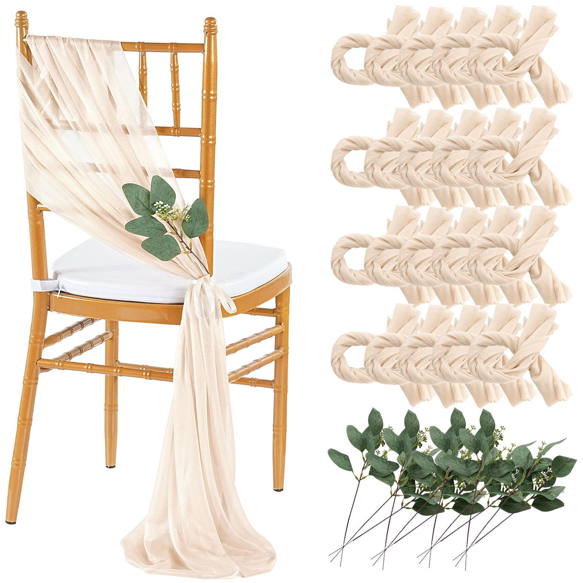 QueenDream White Chair Sashes Wedding Aisle Decorations: 24 Packs 8ft Long Draping Fabric Sheer Church Chair Cover Bulk for Party Banquet