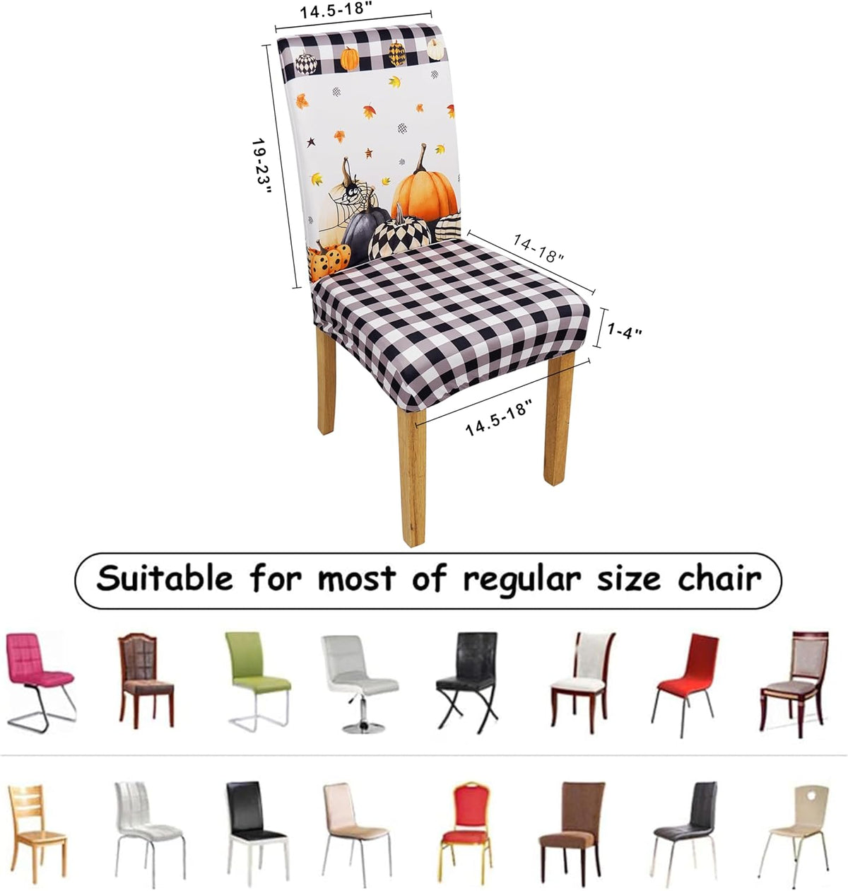 Halloween Chair Covers Set of 4, Fall Pumpkin Black/White Buffalo Plaid Chairs Slipcover for Dining Room, Removable Washable Breathable Cover in the Kitchen Restaurant Holiday Decor