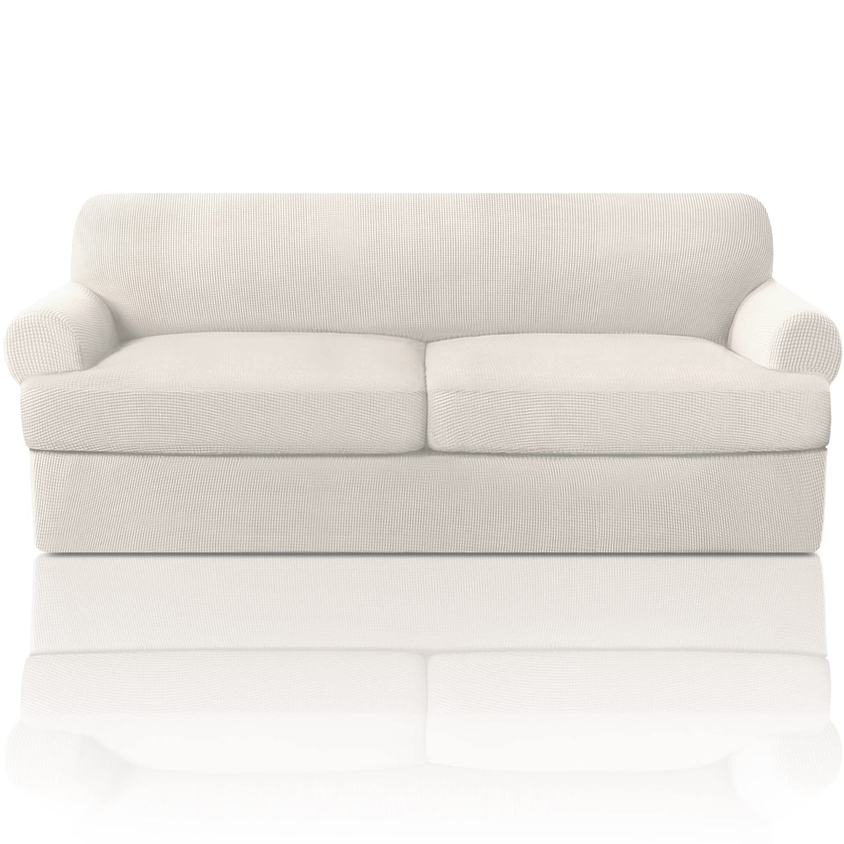 PrinceDeco T Cushion Loveseat Slipcover - 3 Pieces Sofa Cover for 2 Cushion Couch with 2 Individual T Shape Seat Covers Width Up to 76 Inch - Stretch, Machine Washable, Porcelain