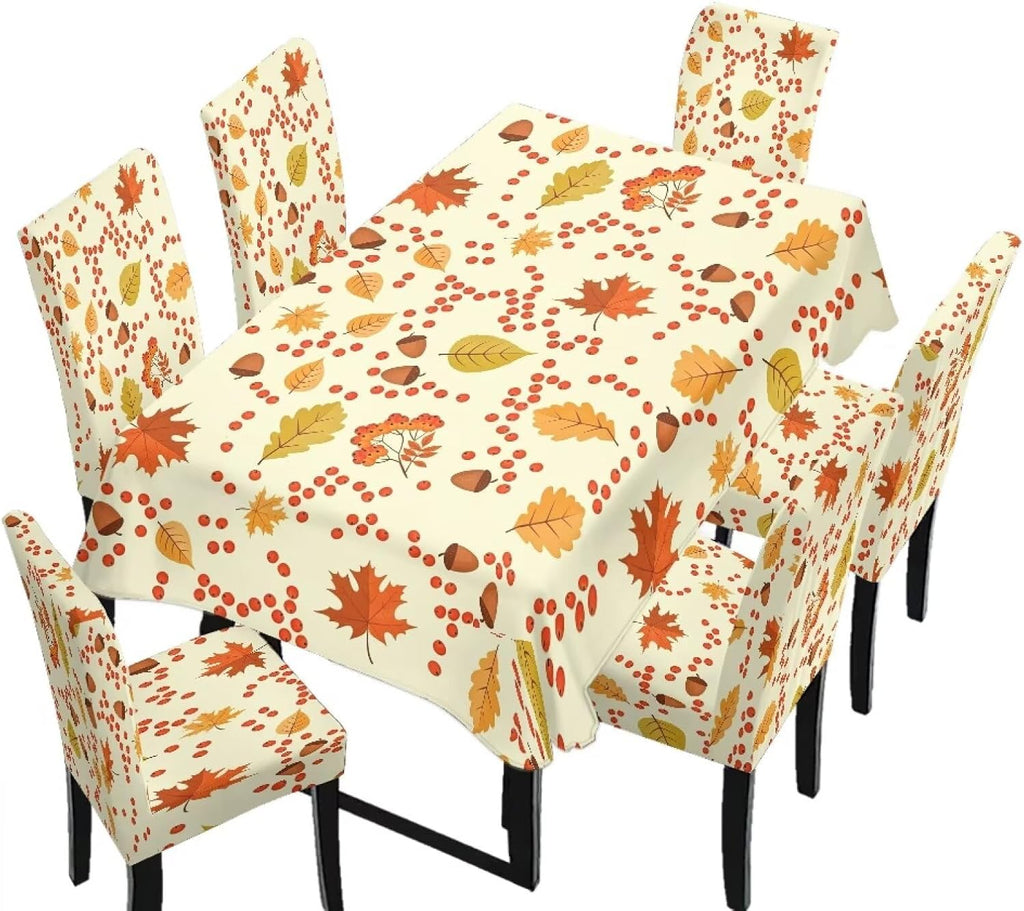 Thanksgiving Themed Dining Room Chair Cover and Tablecloths 5 Packs, Fall Leaf Print Kitchen Chair Seat Slipcovers Anti-Wrinkle Table Protector for Thanksgiving Day Party
