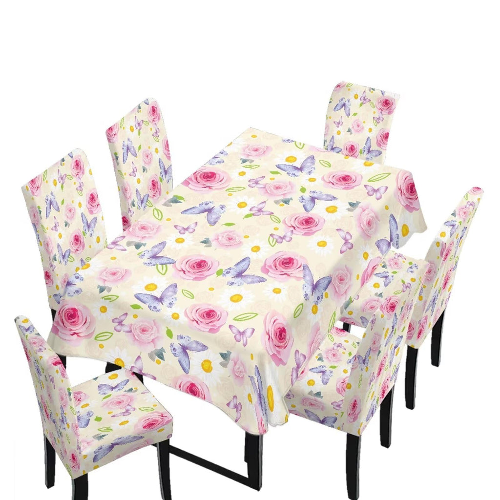 Blue Floral Rectangular Table Cloth & Dining Chair Covers Set of 5, Stain Resistant Wipeable Chair Protectors for Farmhouse Rustic Home Kitchen Party Decor