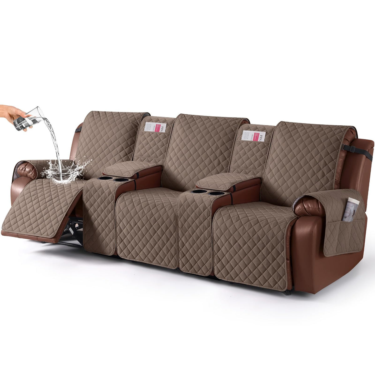 KinCam 100% Waterproof Loveseat Recliner Cover with Console, Khaki
