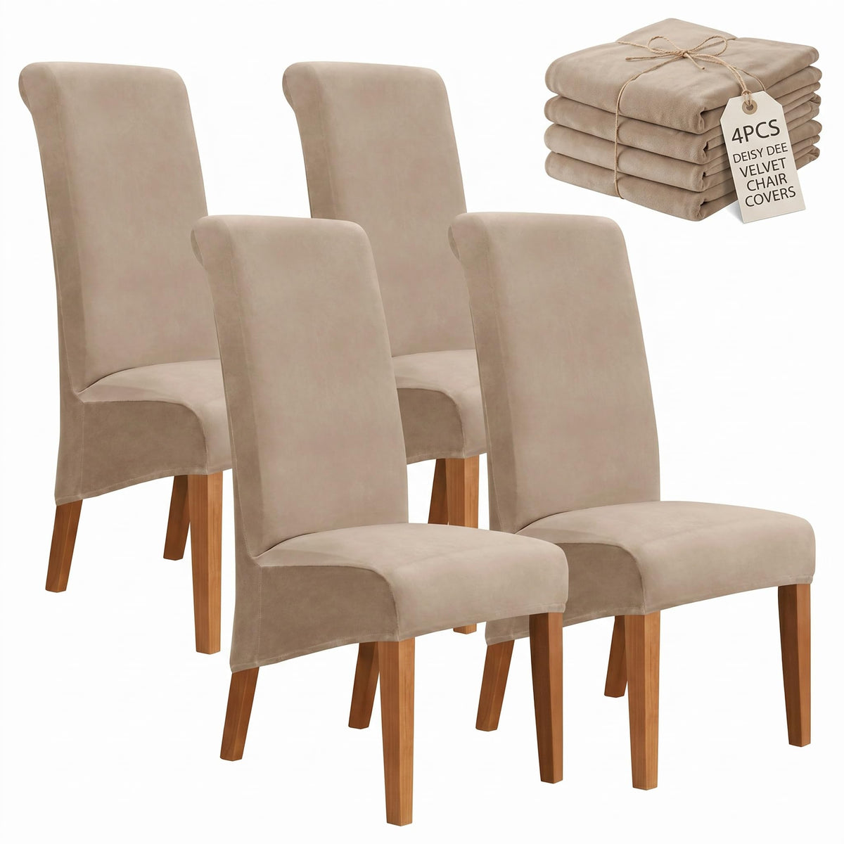 Velvet Dining Chair Covers Set of 2, Extra Large XL Oversized Stretch Parsons Chair Slipcovers for High Back Dining Room Kitchen, Non-Slip Removable Washable Chair Protectors,Khaki