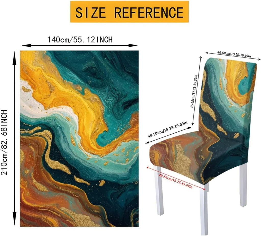 Table Cloth Rectangle Table Set of 7 Include Dining Chair Covers and Tablecloths for Dining Room Kitchen Banquet, Anti-Scratch Chair Seat Cover, Fluid Marble Print Green Gold Brown