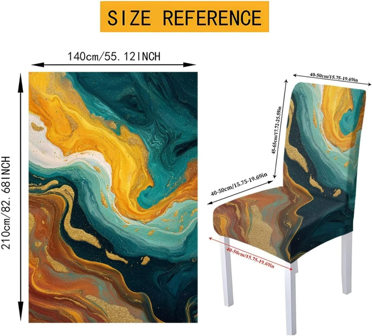Table Cloth Rectangle Table Set of 7 Include Dining Chair Covers and Tablecloths for Dining Room Kitchen Banquet, Anti-Scratch Chair Seat Cover, Fluid Marble Print Green Gold Brown