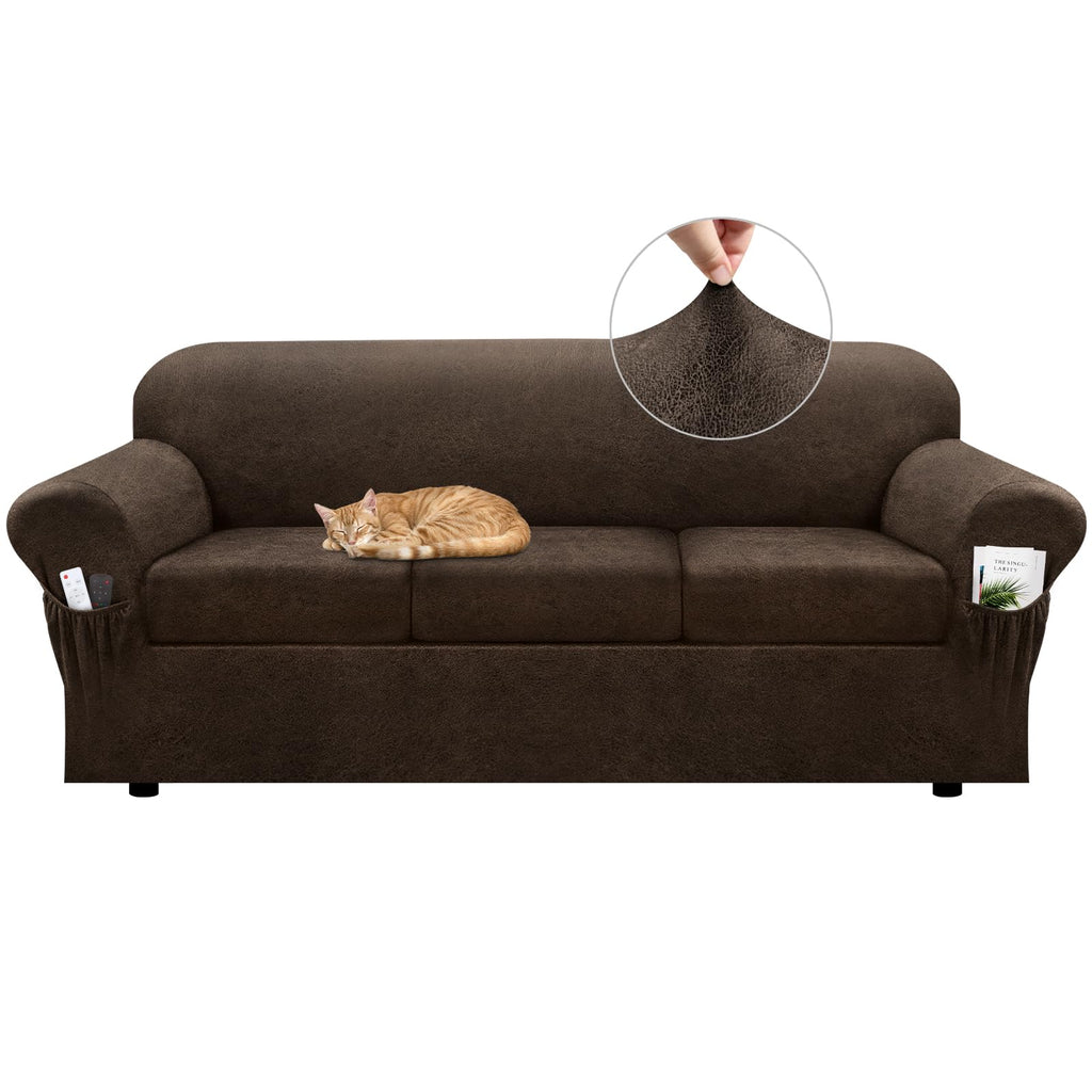 Loveseat Slipcover with Armrest Pockets 3-Piece Set, Stretch Faux Leather Love Seat Covers for 2-Cushion Couches(Fits 58-66") - Non-Slip, Machine Washable, Pet & Kid Friendly - Beige