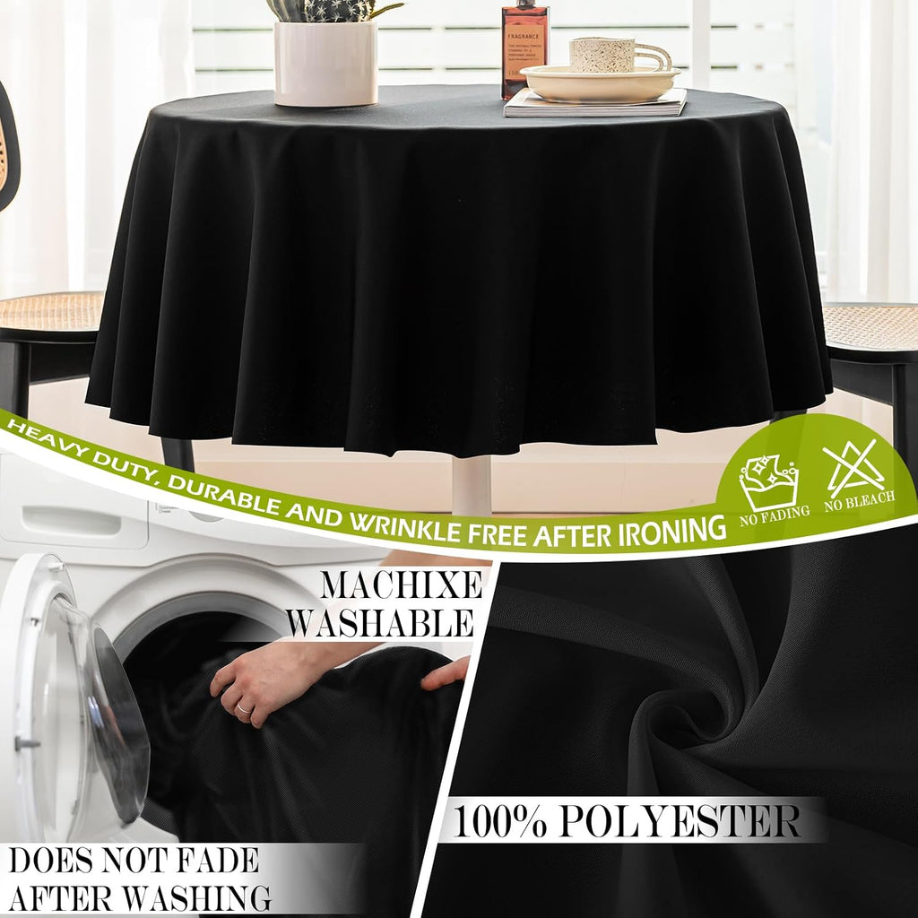 BYDOLL Table Cloth 60 Inch Round Tablecloth Fits Max50 Inch Diameter Table Top,Black Polyester Washable Wrinkle-Free Spillproof Tablecloth for Party Patio Cover