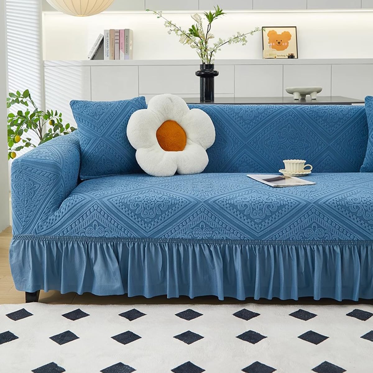 KAIJIE 1 piece Double seat Textured Sofa Slipcover with Ruffle Skirt,Elastic Stretch Fabric，Leaf Pattern Design Thick Anti Slip Protective Cover C-01Haze Blue