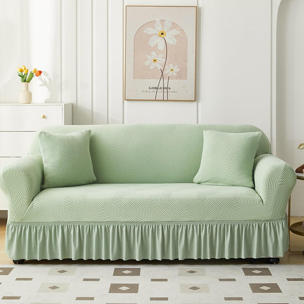 KAIJIE 1 piece Double seat Textured Sofa Slipcover with Ruffle Skirt,Elastic Stretch Fabric，Leaf Pattern Design Thick Anti Slip Protective Cover C-01Haze Blue