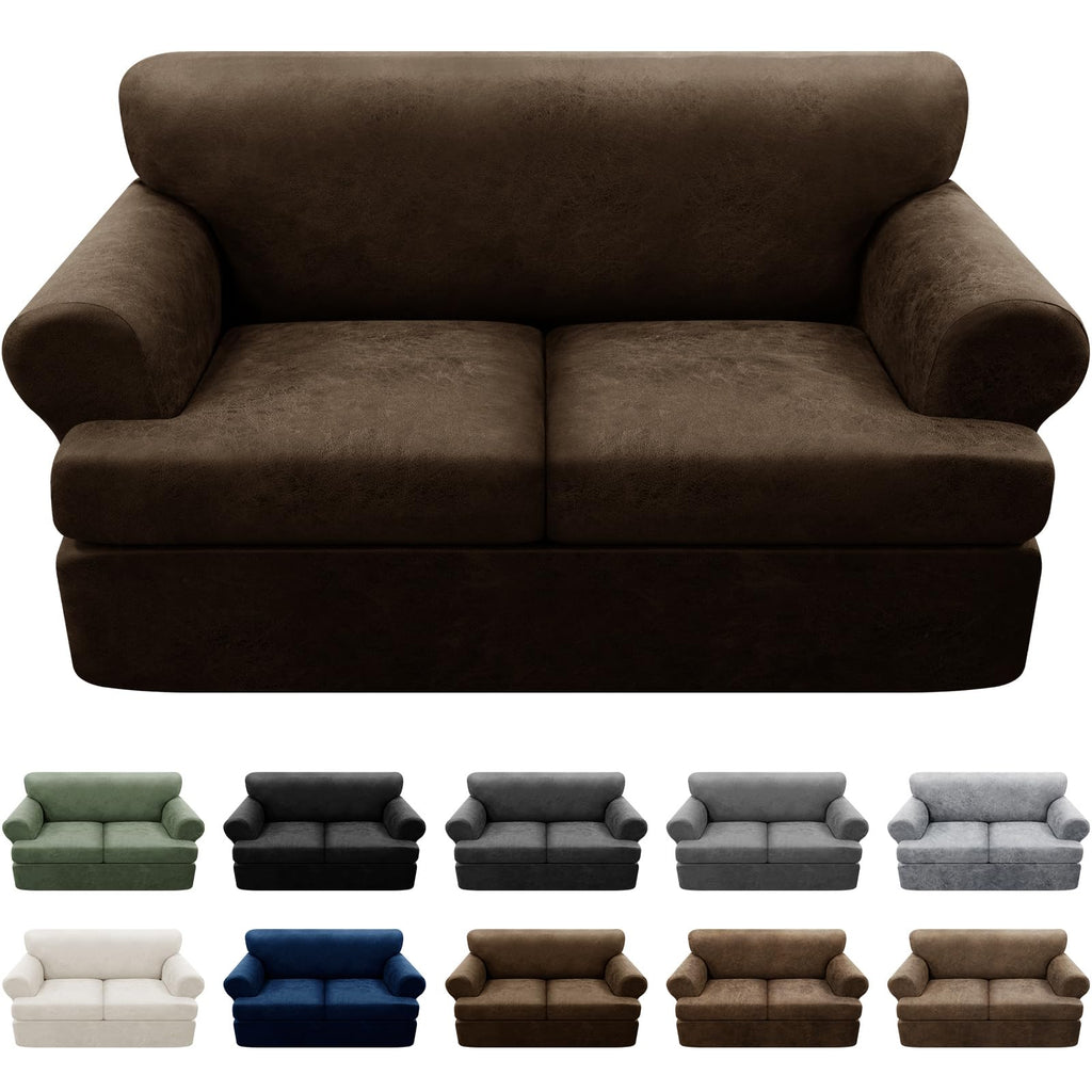 3-Pieces T Cushion Loveseat Slipcovers Leather Look Couch Cover Loveseat Covers for 2 Cushion Couch Furniture Protector Stretch Sofa Cover with 2 Individual T Cushion Seat Covers, Brown