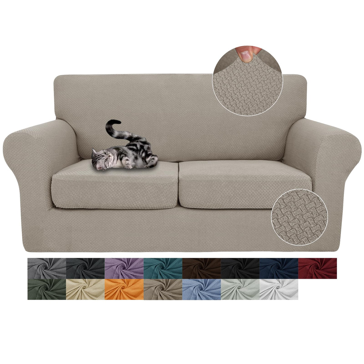 JIVINER 3 Pieces Stretch Couch Covers for 2 Cushion Couch Fitted Thick Loveseat Sofa Slipcover with 2 Seat Cushion Covers for Living Room Pet Dogs (Loveseat, Off White)