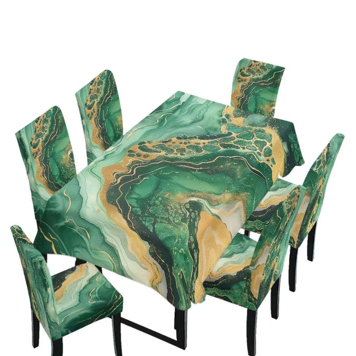 Dining Room Chair Cover and Tablecloths 7 Pack, Stain Resistant Stretch Kitchen Chair Seat Slipcovers Anti-Wrinkle Table Protector for Party, Pastoral Rose Flower Stripes Print Green