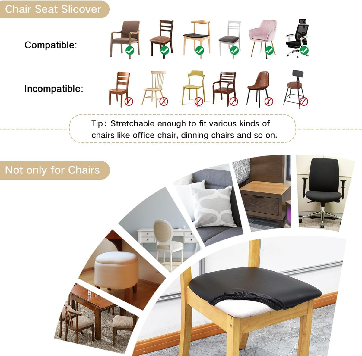 Leather Stretch Chair Seat Covers Waterproof Cushion (Black,4 PCS)