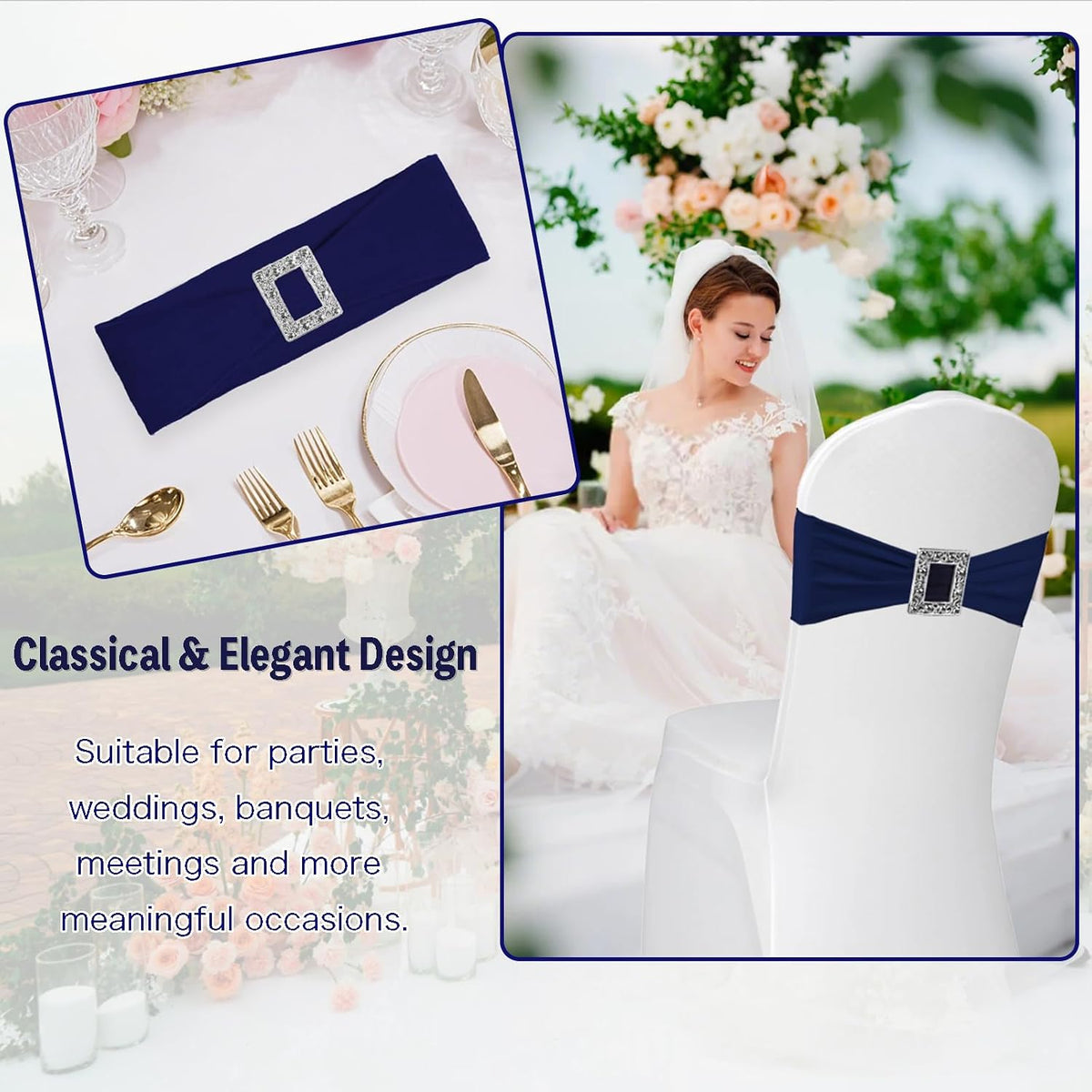 100 Pack Spandex Stretch Chair Sashes Bows Elastic Chair Cover Bands Ties with Buckle Slider for Wedding Party Banquet Restaurant Baby Shower Chairs Decorations (Navy Blue)