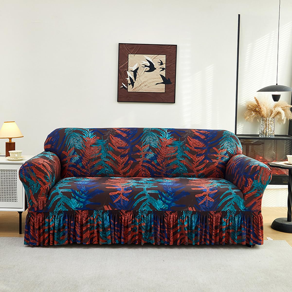 KAIJIE Super Stretch Sofa Slipcover–Non Slip Soft Couch Sofa Cover,Skirt Edge Design with Non Skid Foam and Elastic Bottoms for Crafted from Soft Polyester Printed Pattern（2-Person seat Couch Cover）