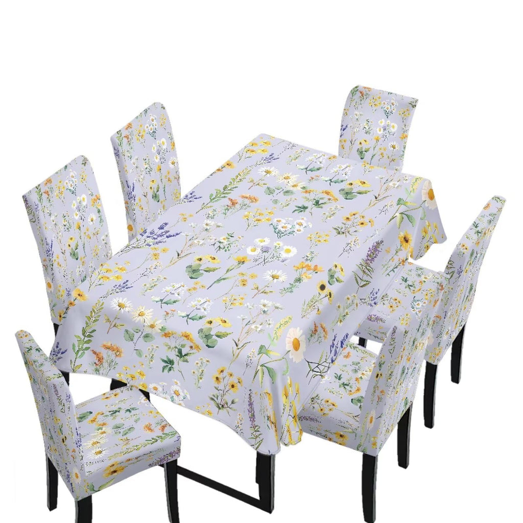 Blue Floral Rectangular Table Cloth & Dining Chair Covers Set of 5, Stain Resistant Wipeable Chair Protectors for Farmhouse Rustic Home Kitchen Party Decor