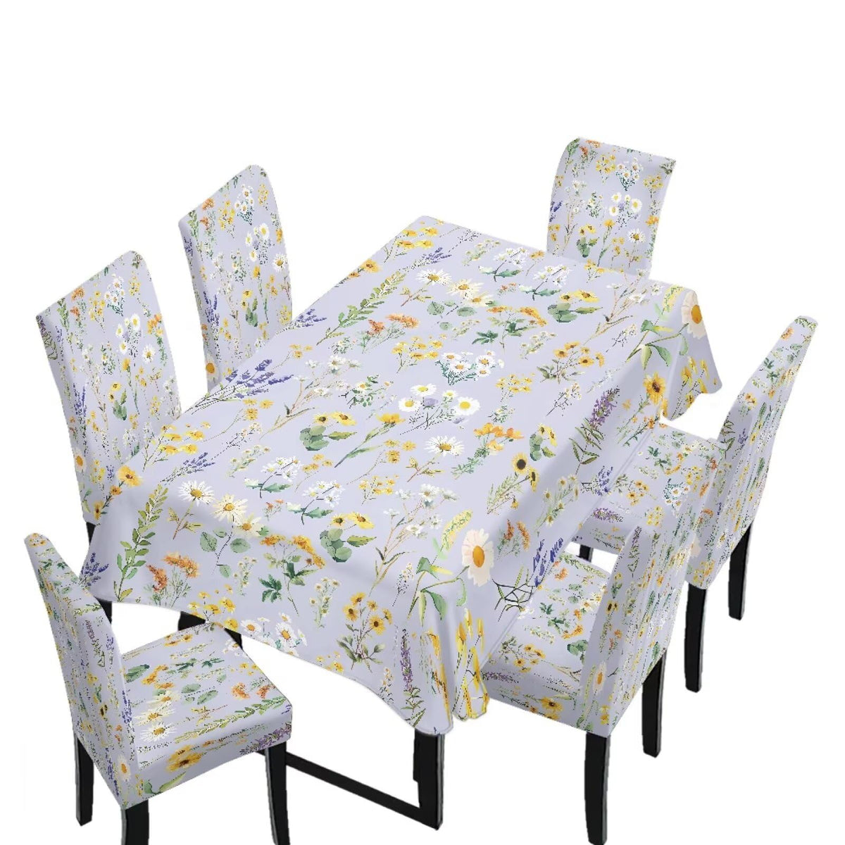 Blue Floral Rectangular Table Cloth & Dining Chair Covers Set of 5, Stain Resistant Wipeable Chair Protectors for Farmhouse Rustic Home Kitchen Party Decor