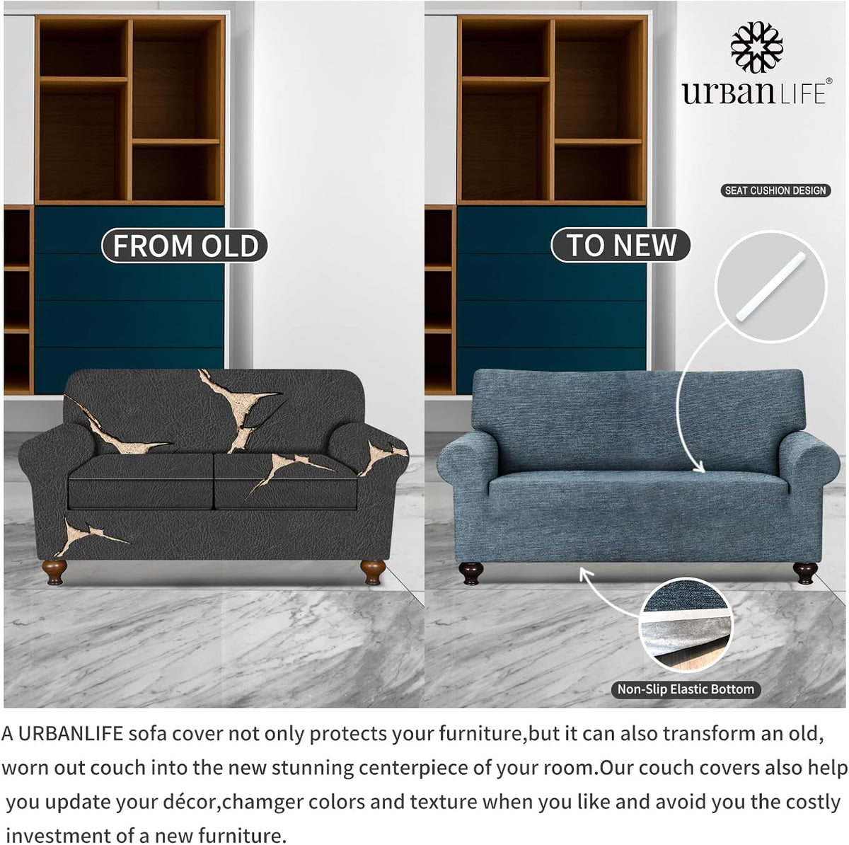 URBANLIFE 1-Piece Stretch Sofa Covers for 2 Cushion Couch, Dusk Blue Gray